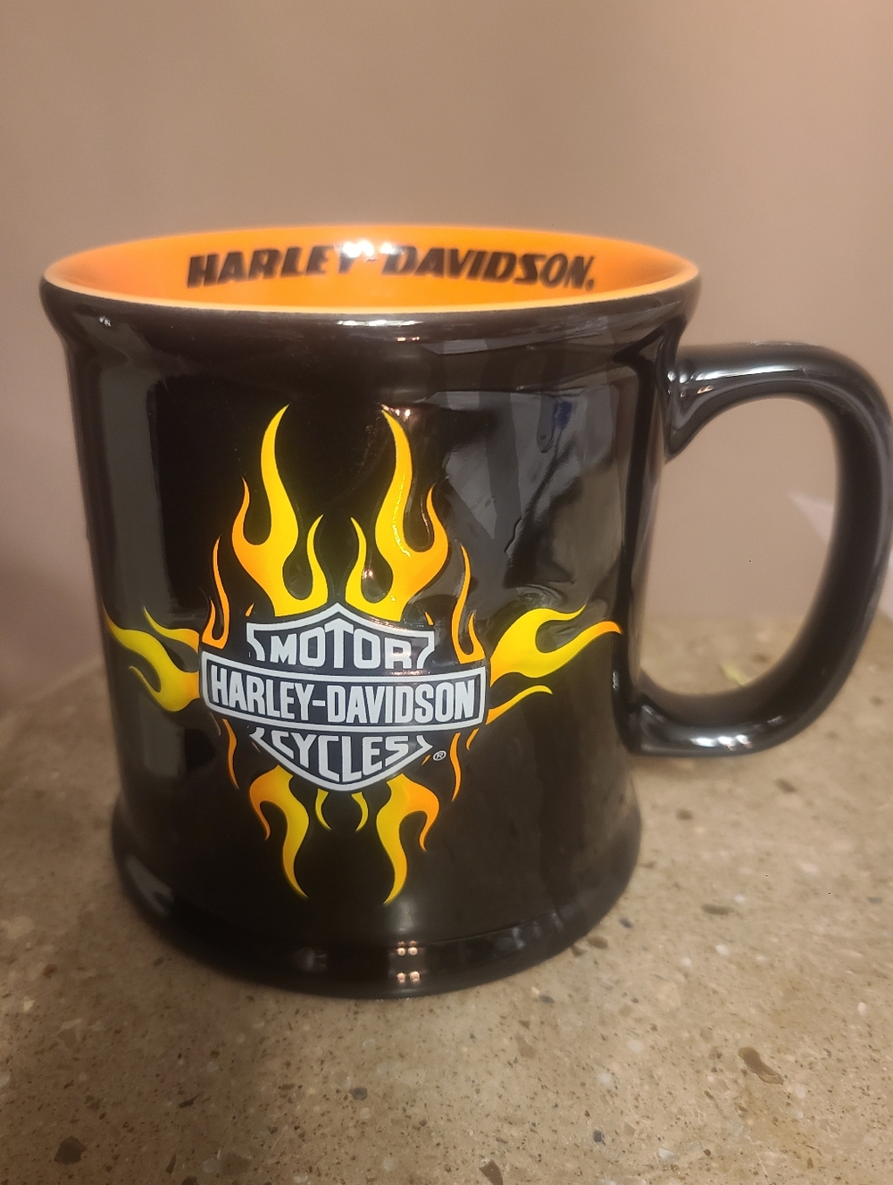 Vintage 2002 Harley Davidson Flame Coffee Mug Cup Ceramic Glazed Black Orange